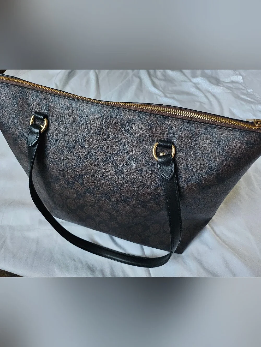 COACH Brown Signature Canvas Tote with Black Leather Straps